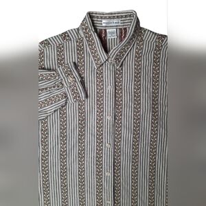 Maggie & Max Shirt Womans XL Green Striped Floral Button Down Bohoemian Hippie